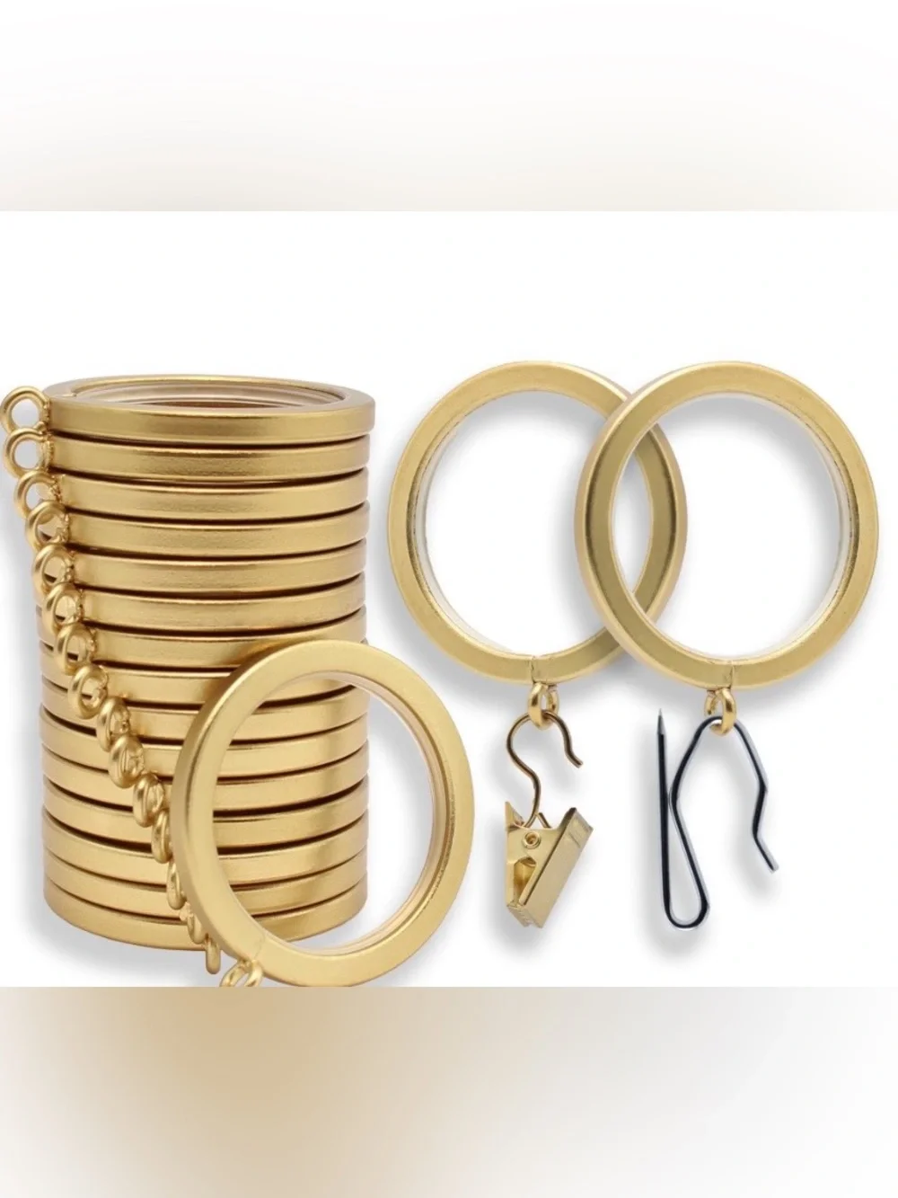 Luxury Brushed Gold Curtain Rings with Pin Hooks & Clips 18pcs